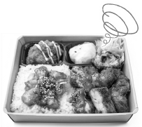 お肉が多めで野菜が少ない印象のモノクロ弁当写真